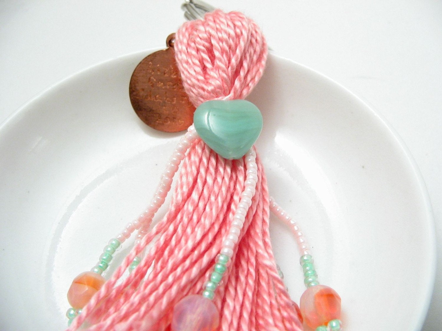 Pink Keychain Beaded Tassel with Green Stone (Lace Agate) Heart