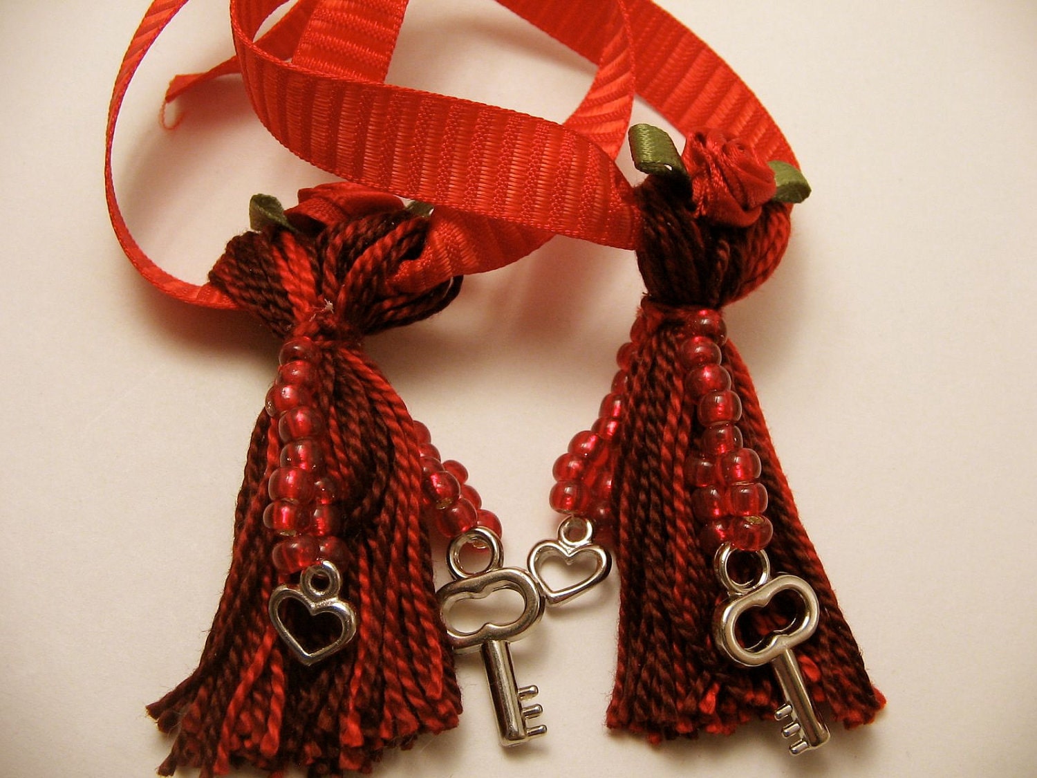 Pair of Red Beaded Love Tassels -- You Hold the Key to my Heart