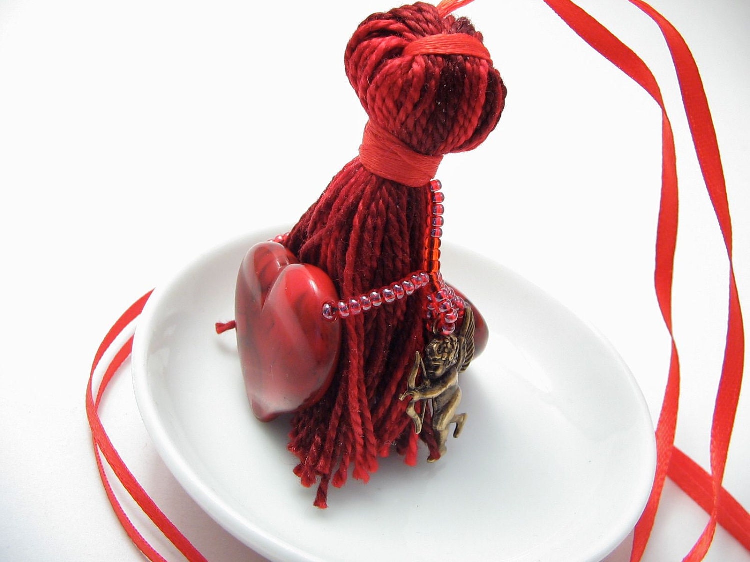 Cupid and Hearts Valentine's Beaded Tassel Wristlet Bracelet