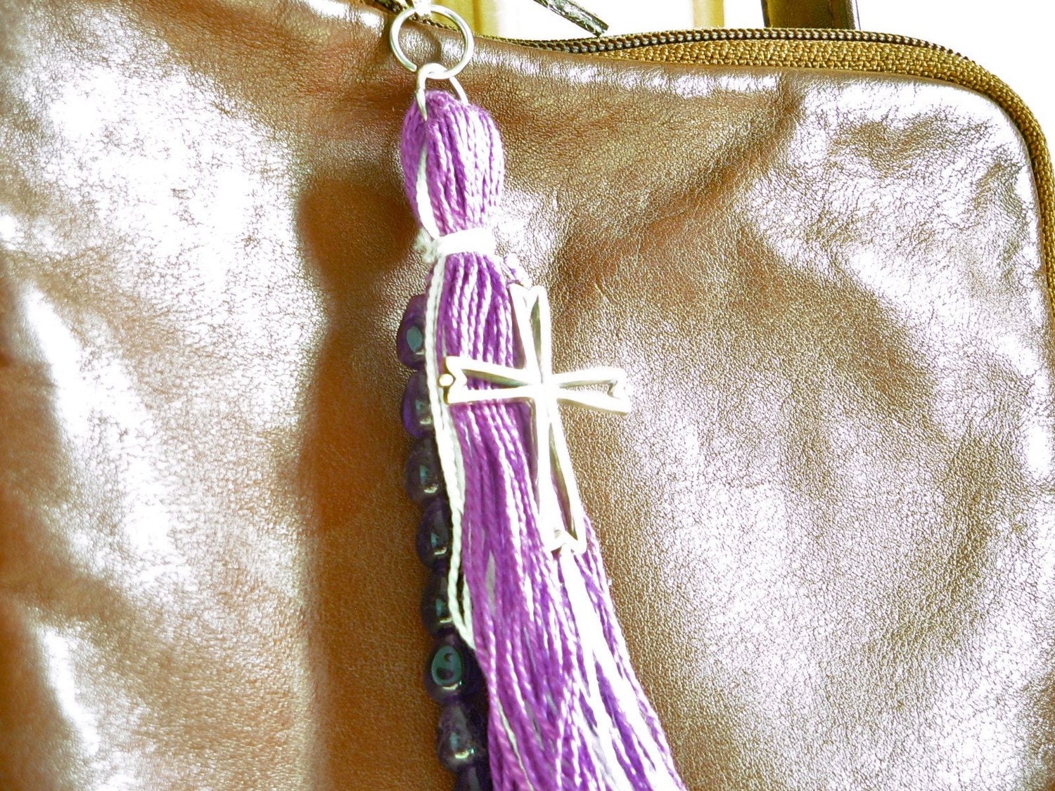 Purple and White Easter Beaded Purse Tassel or Charm with Sterling Silver Cross