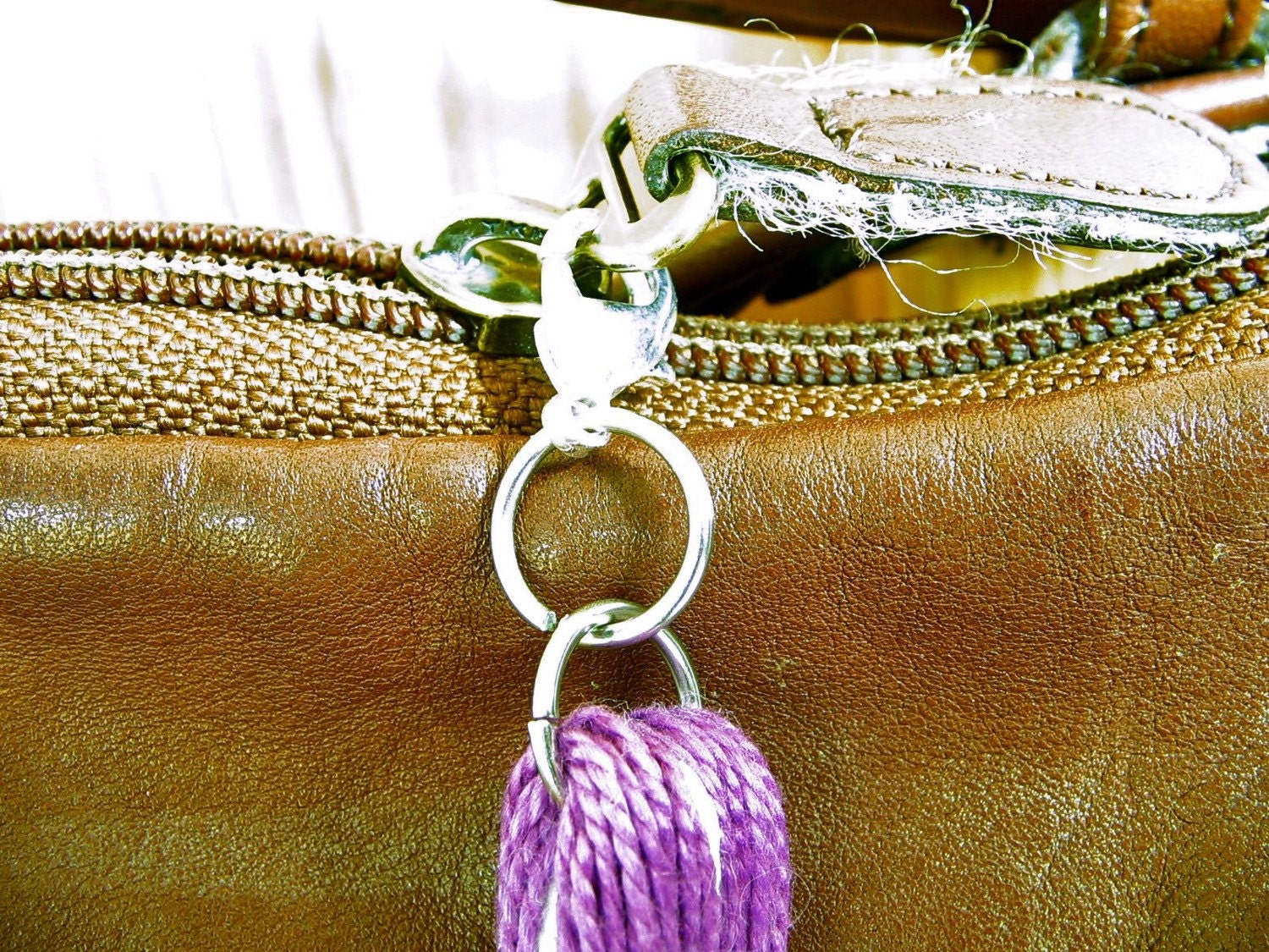 Purple and White Easter Beaded Purse Tassel or Charm with Sterling Silver Cross