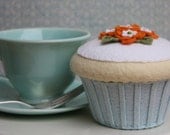 SALE Felt Cupcake Vanilla With Aqua And Orange Flowers