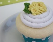 Felt Cupcake With Vanilla Aqua Polka Dots and Yellow Roses
