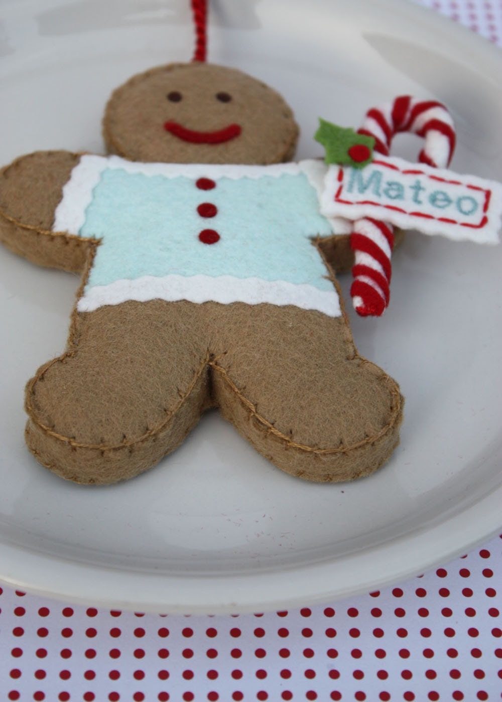 Personalized Felt Gingerbread Cookie Ornament Aqua And Red