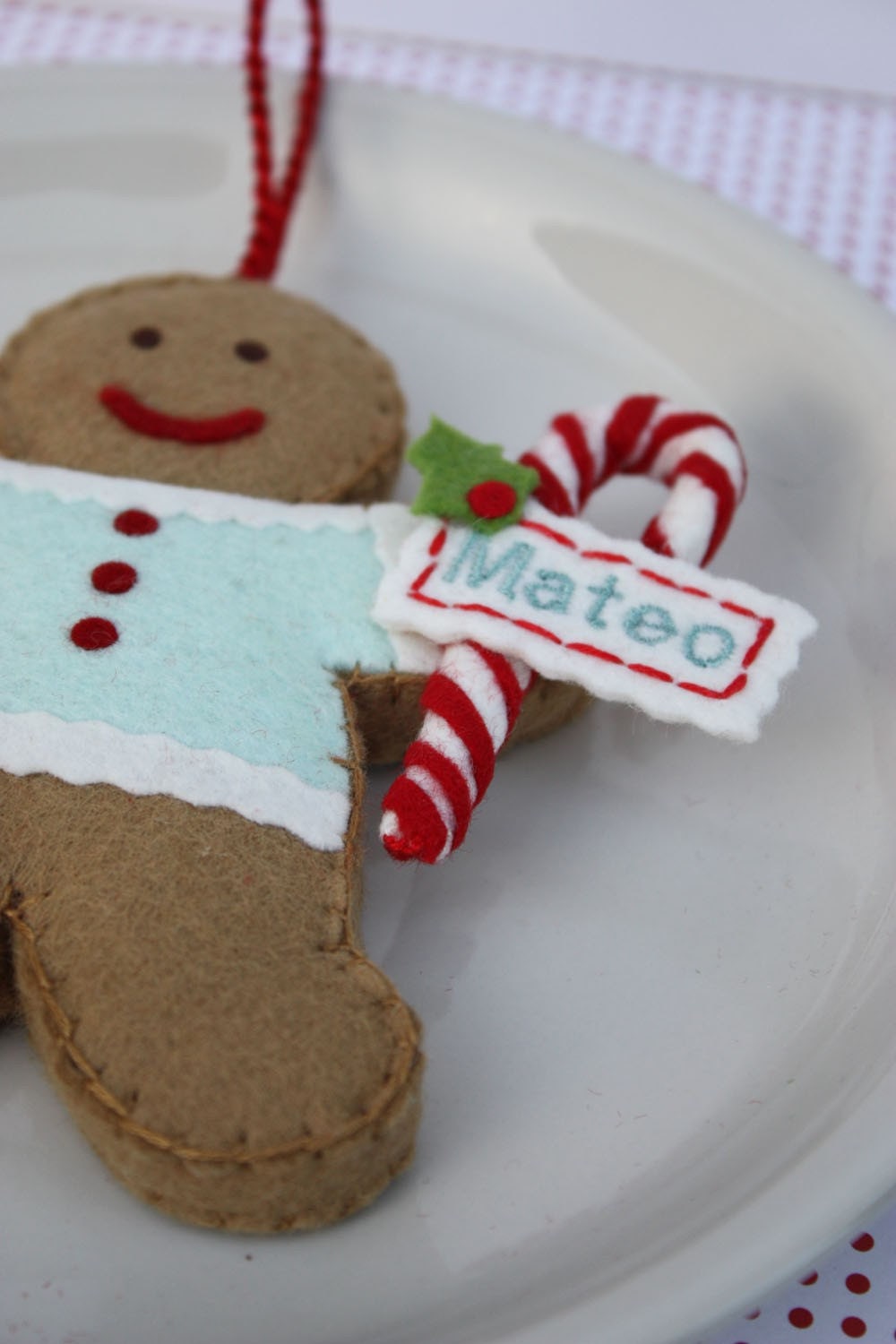 Personalized Felt Gingerbread Cookie Ornament Aqua And Red