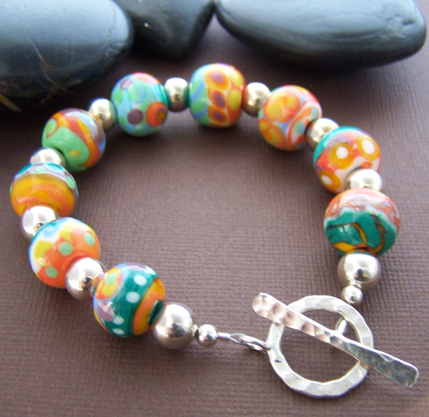 Sunday Bracelet - Lampwork Glass Bead and Sterling Silver Beaded Bracelet
