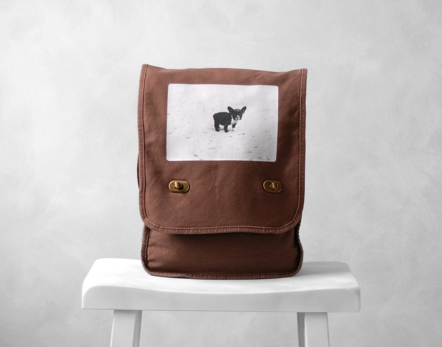 Baby French Bulldog - Messenger Bag - Vintage Photograph - Canvas Field Bag - Java Brown