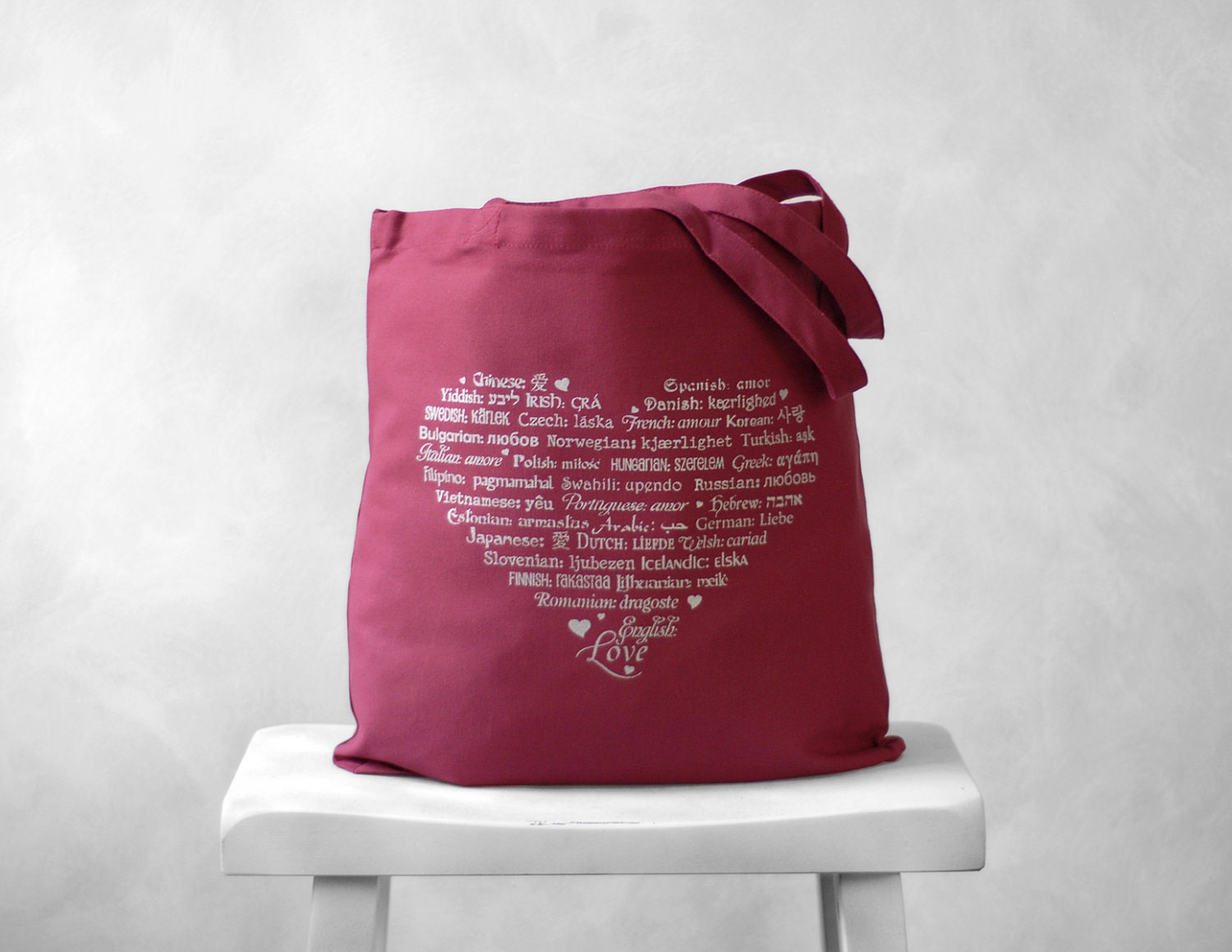 SALE - LOVE Languages Tote Bag - Cranberry Cotton Canvas Bag - Silver Ink