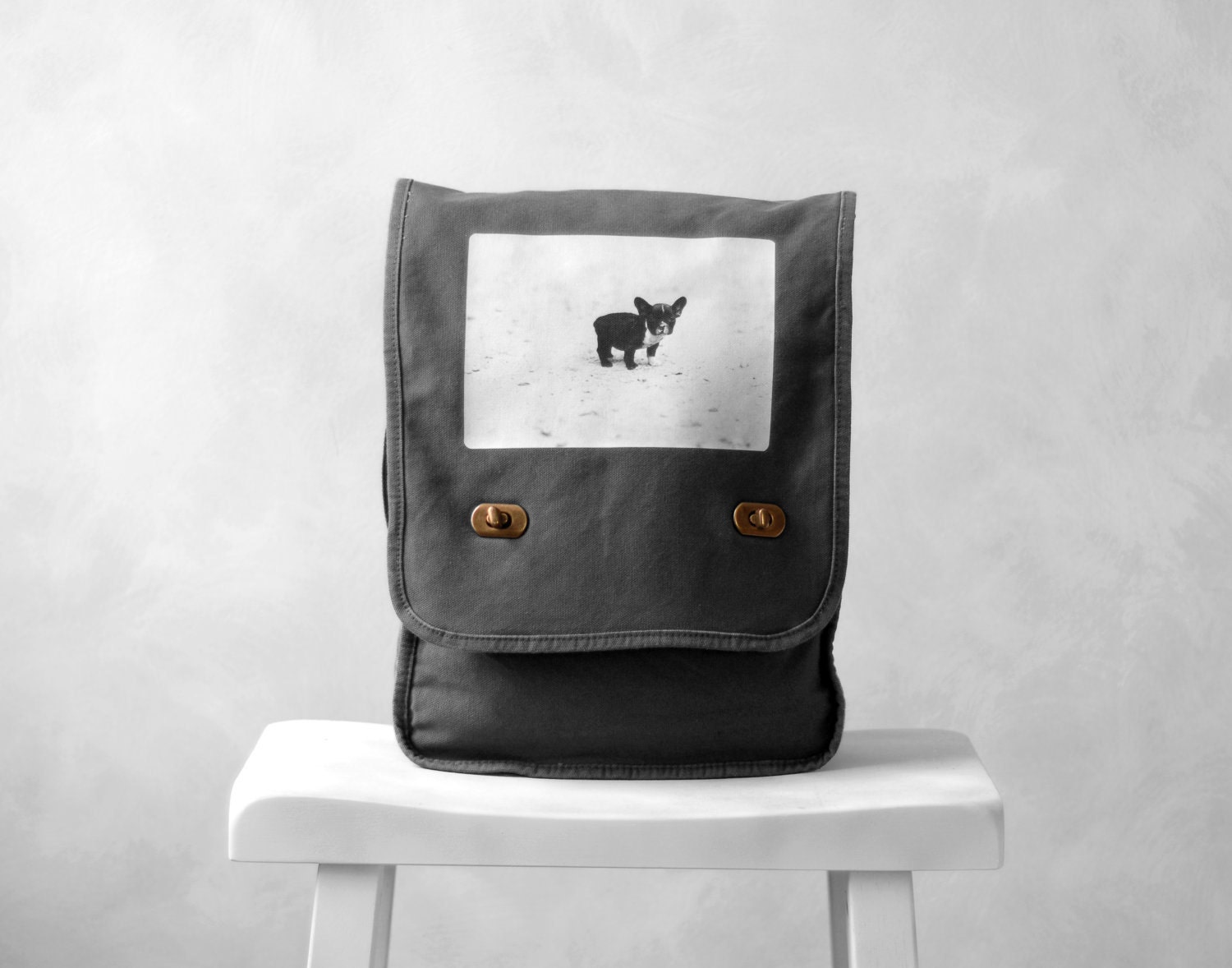 Field Bag - French Bulldog - Messenger Bag - Vintage Photograph - Cotton Canvas Bag - School Bag - Smoke Gray
