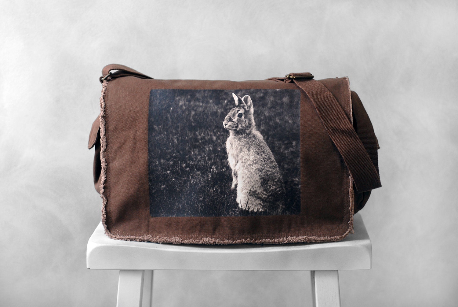Messenger Bag - Woodland Bunny Photograph - Java Brown Canvas Bag - Mademoiselle Lapina - School Bag