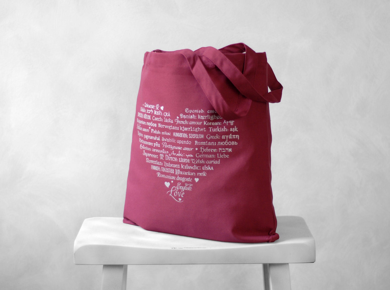 SALE - LOVE Languages Tote Bag - Cranberry Cotton Canvas Bag - Silver Ink