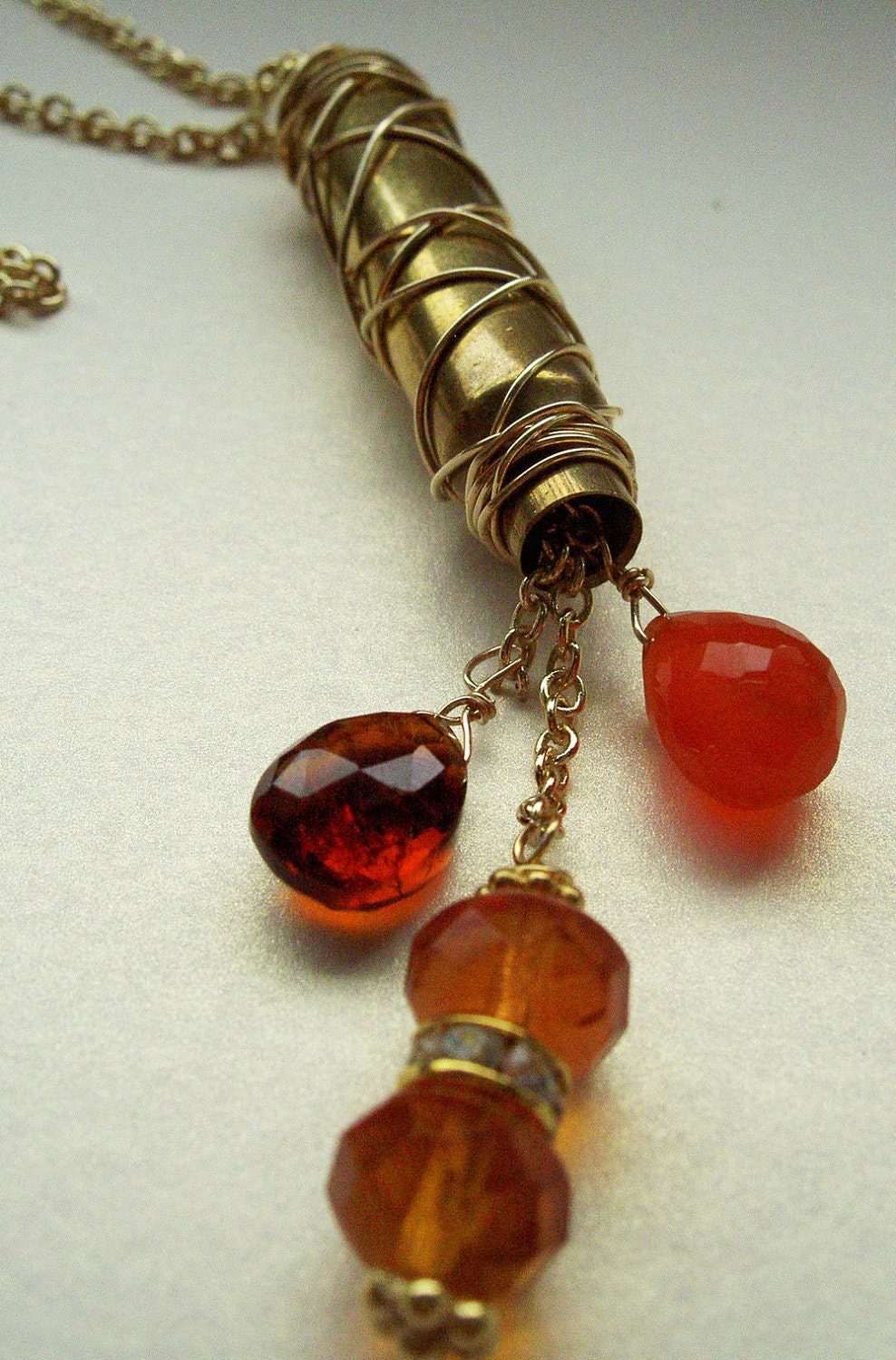 Winchester .223 Case Drop Bullet Necklace Swarovski and Garnets Gun Jewelry