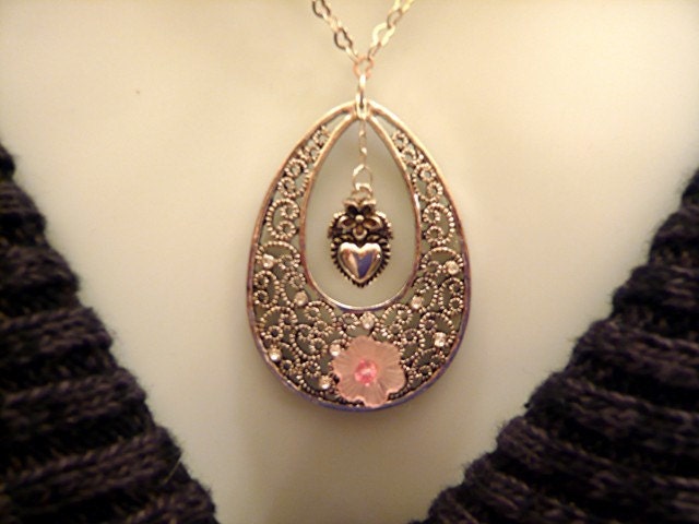 French Necklace Heart Necklace Sterling Silver Flower Necklace        FREE SHIPPING