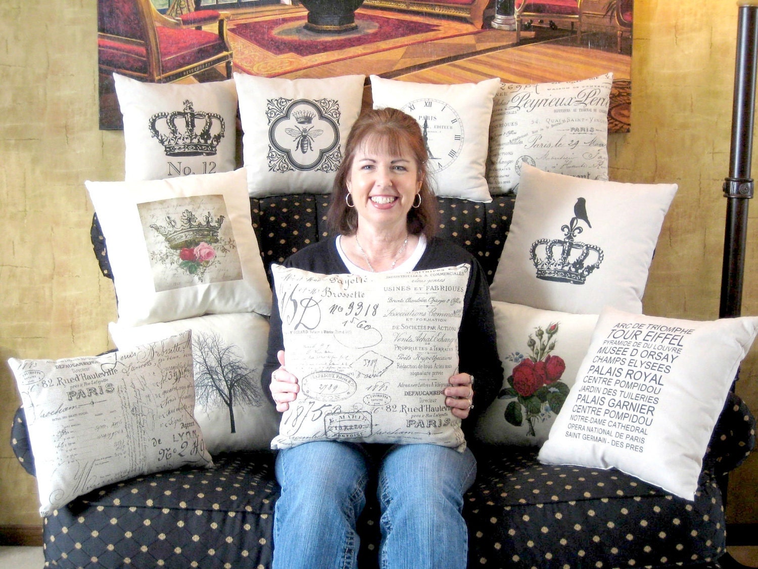Pillow French Script Paris Document 16 by 16 Inches
