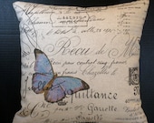 Decorative Pillow Blue Butterfly in Paris on French Script Fabric