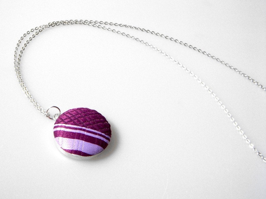 Recycled Necktie Sterling Silver Pendant Necklace - Plum Lavender Stripe