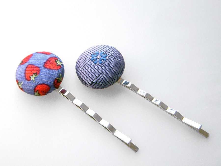 Periwinkle Blue Lavender Recycled Necktie Bobby Pins Set of 2 Strawberry Flower