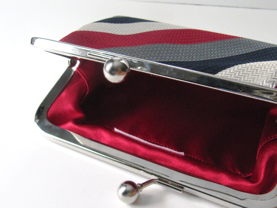 Patriotic Red White Blue Stripes Recycled Necktie Wristlet