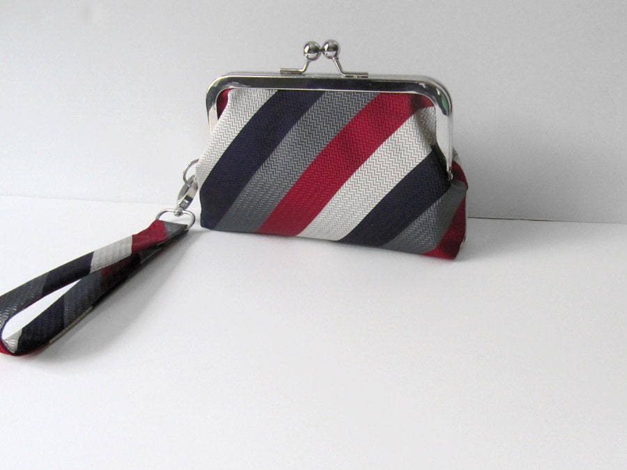 Patriotic Red White Blue Stripes Recycled Necktie Wristlet