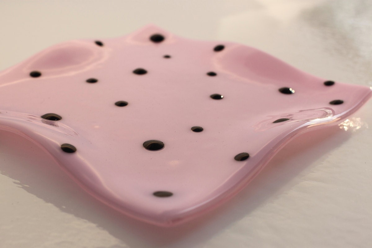 Fused Glass Plate - Pink Polka Wave