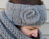 Grey ear warmer / headband with knitted flower  READY TO SHIP