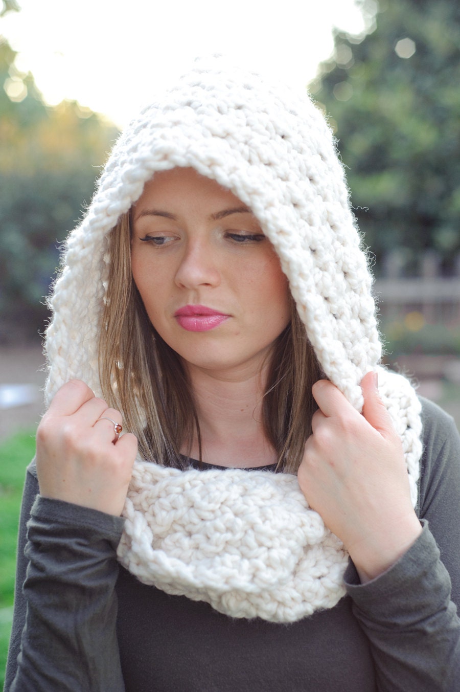 Hooded scarf, off white, chunky scarf, spring scarf, winter scarf, bridal scarf, bridal hood