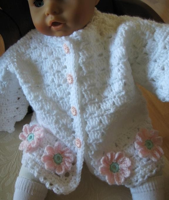 White Baby Sweater with Pink Flowers Size 3 Months