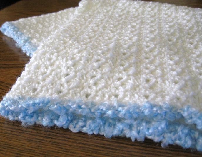 White Baby Afghan with Fluffy Blue Trim