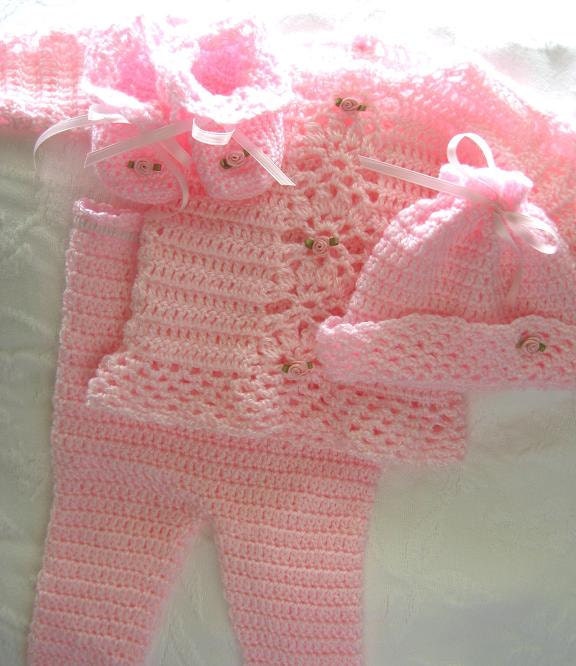 FREE SHIPPING Pink Posy Baby Girl Layette with Afghan Sweater Pants Hat Booties
