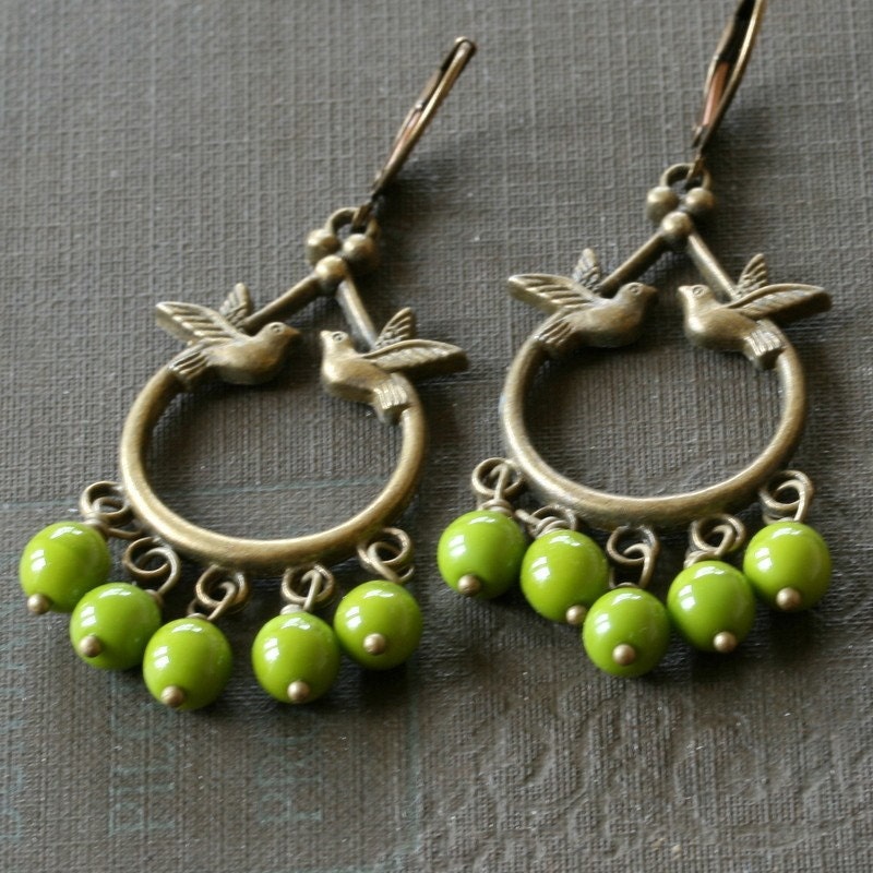 Dangle Earrings, Chandelier Earrings,  Bird Jewelry, For  Sister, Jewelry for Friend, Green  Earrings - Olivia