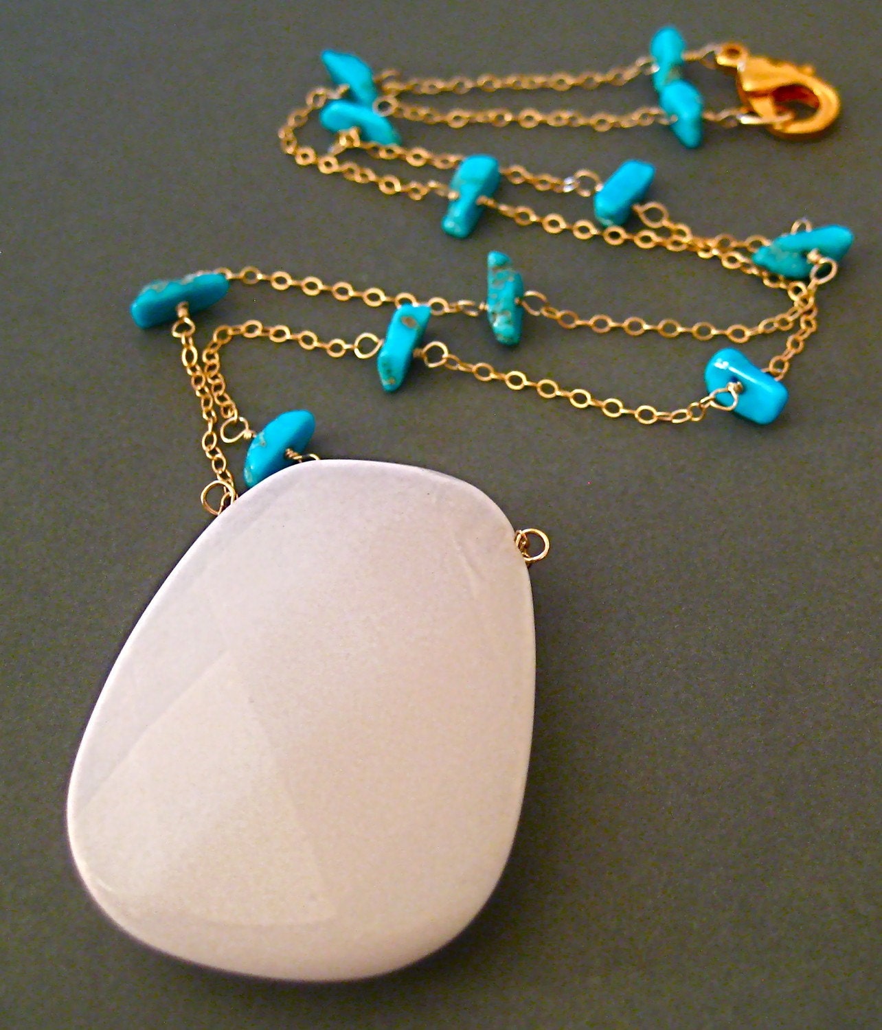 Turquoise Necklace Sleeping Beauty White Jade Pendant 14k Gold Statement Necklace, Complimentary Shipping