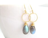 Labradorite Hoop Earrings, Wire Wrapped 14k Gold Teardrop Gemstones, Handmade Jewelry by Sonja Blume