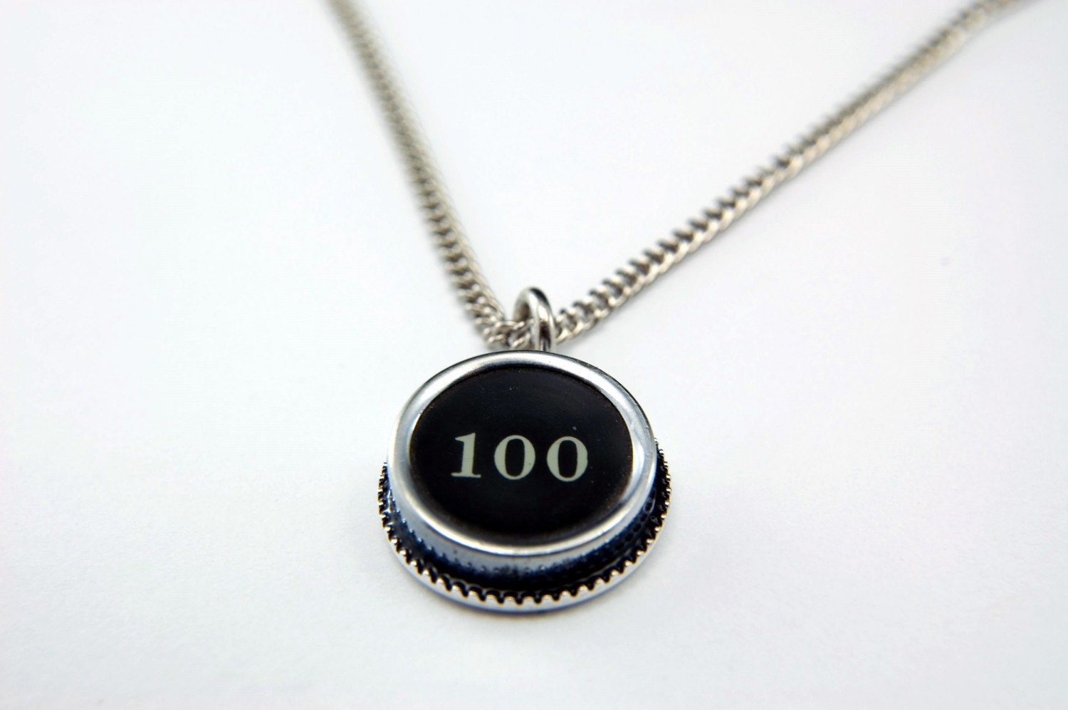 NUMBER 100  - Vintage Typewriter Key Pendant Necklace Charm - Black Silver Rim - Other Letters Available GDJ