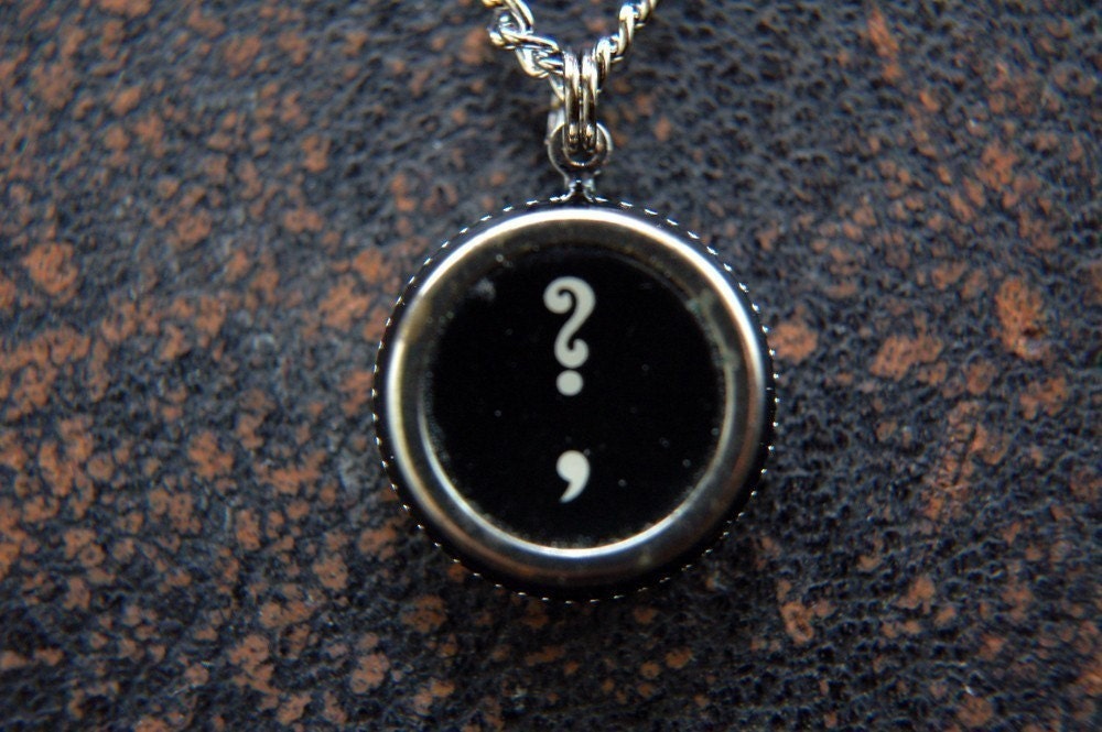 Vintage Typewriter Key Pendant Necklace - Silver Rim Question Mark and Comma - Other Letter and Numbers Available GDJ