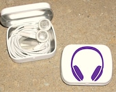 Tin ipod earbud tin white metal hinged tin 80's Headphone design - Purple