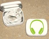 Tin ipod earbud tin white metal hinged tin 80's Headphone design - Green