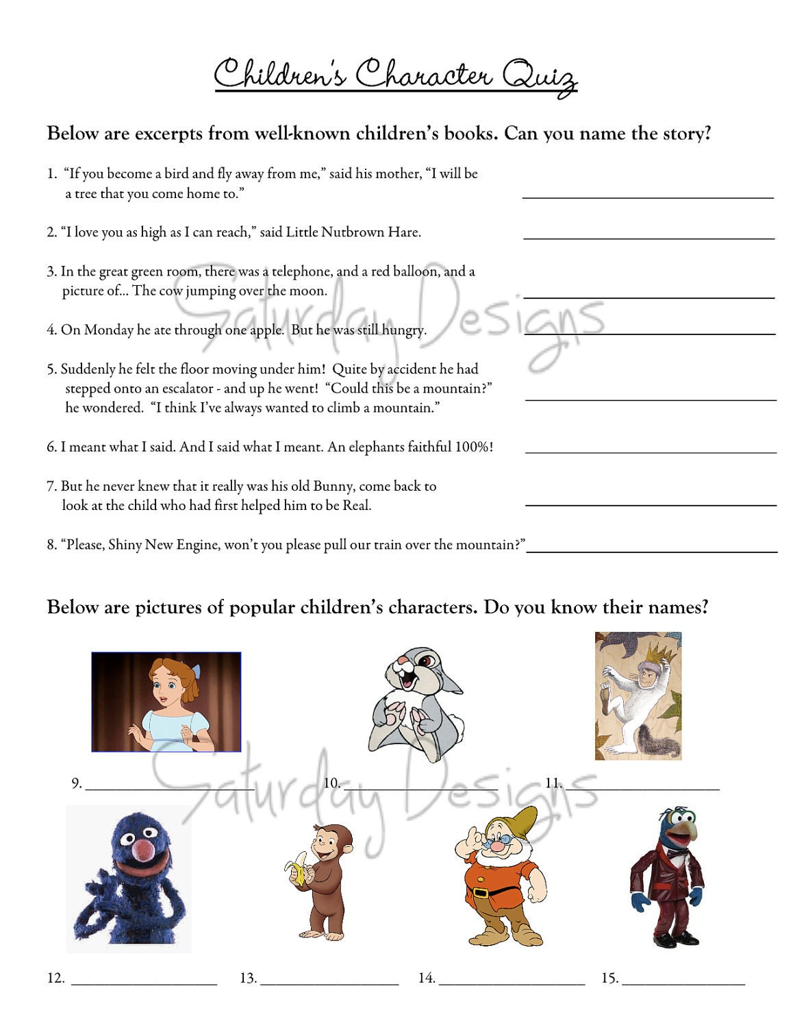 Printable Baby Shower Game - Storybook Character quiz