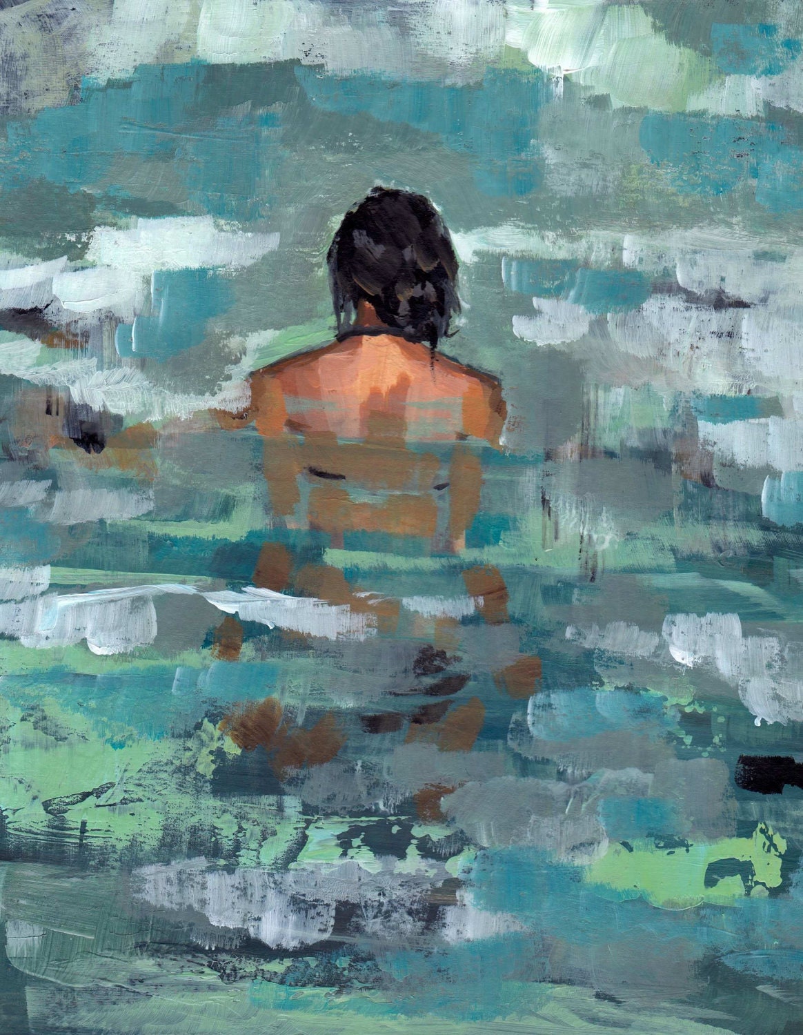 Undertow . large giclee art print poster from acrylic painting of woman in the sea