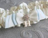 Silk Wedding Garter in Ivory and Blue, Personalized with Silver Initial - the Fiona Bridal Garter - something blue for bride