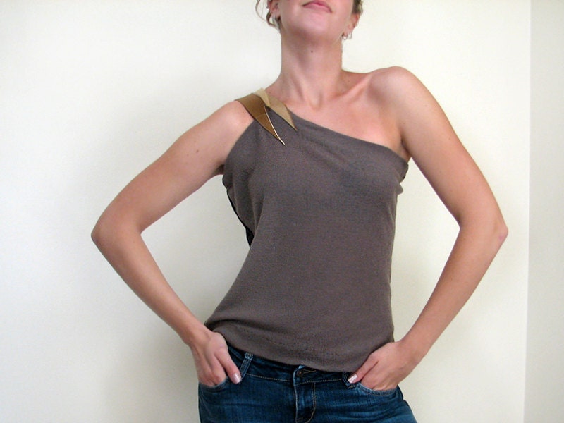 One Shoulder Top. Wool. Leather. Black Jersey.