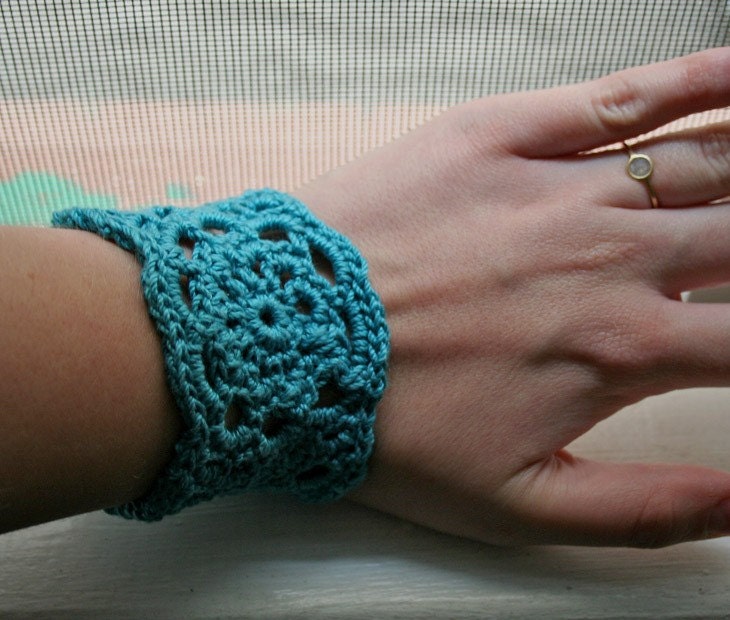 Aqua  / Teal Blue Crocheted Cotton Lace Cuff / Wrist Band / Bracelet