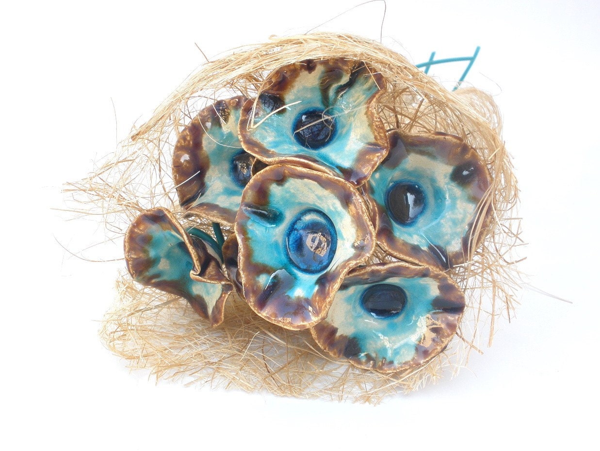 Bridal Accessories wedding bouquet handmade turquoise and brown ceramic bridal  bouquet  - ceramic flowers