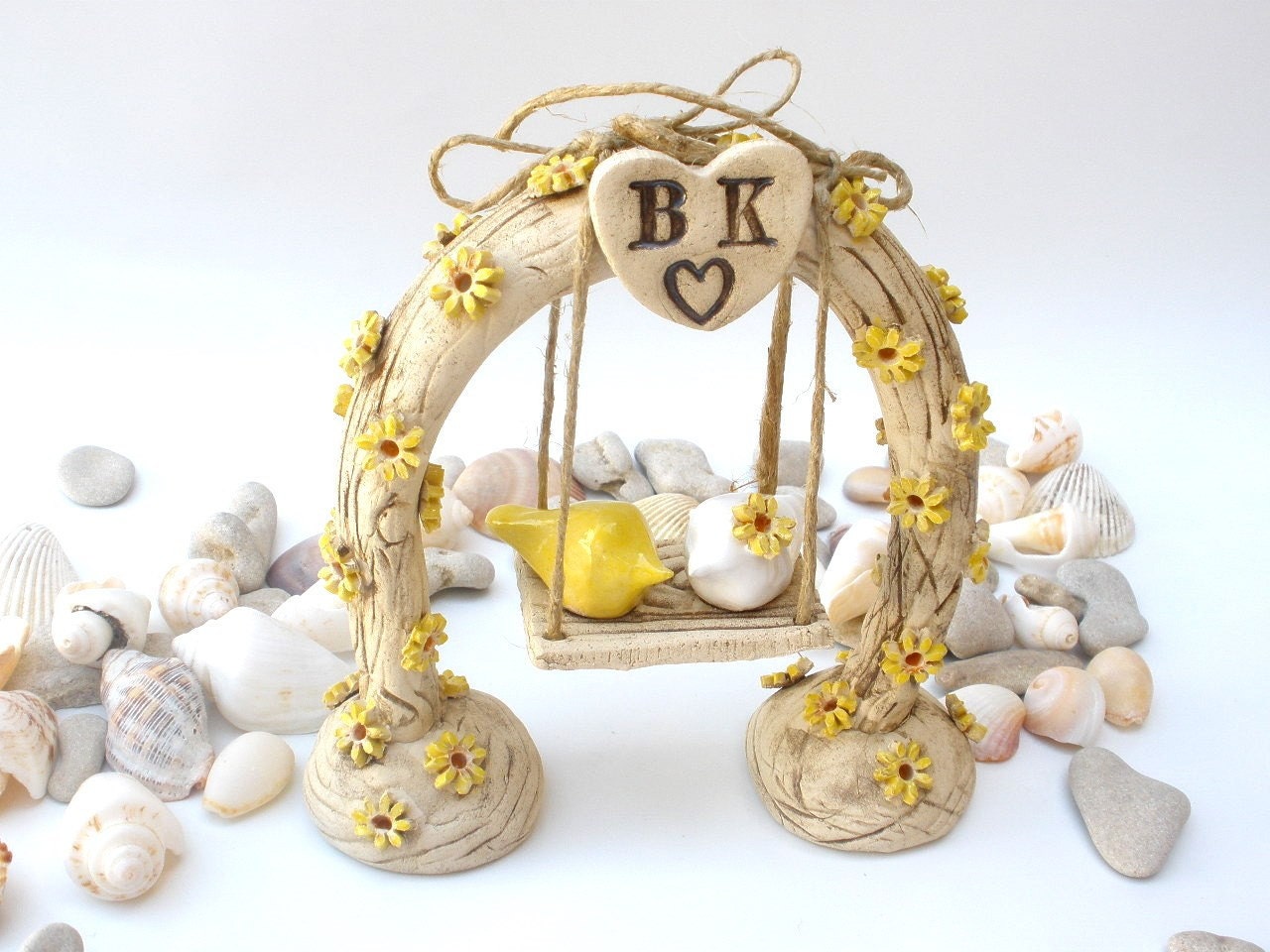 Custom wedding toppers,  A pair of romantic love birds swings under their love tree arch or rustic horse shoe