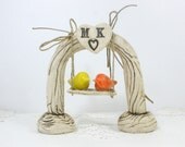 Fall Rustic swing wedding cake topper  A custom pair of ceramic love birds swings on a swing under their love tree Monogram cake topper