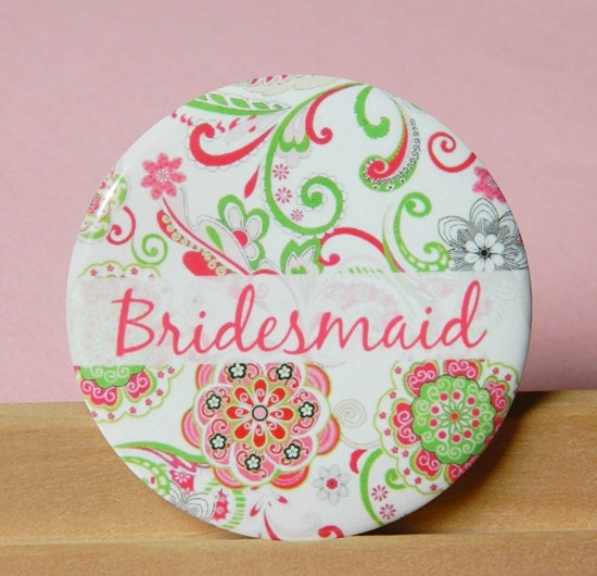 Pocket Mirror - Pink and Green Bridesmaid Personalized Mirror, Bridesmaid Gift, Wedding Favor, Party Favor Compact Mirror
