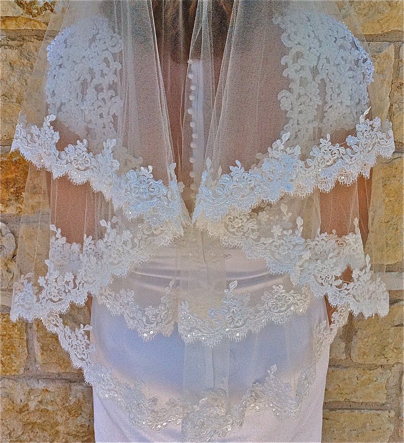 Alencon Veil, Beaded Lace, in Two tier - white or light ivory with scalloped edge, fingertip length