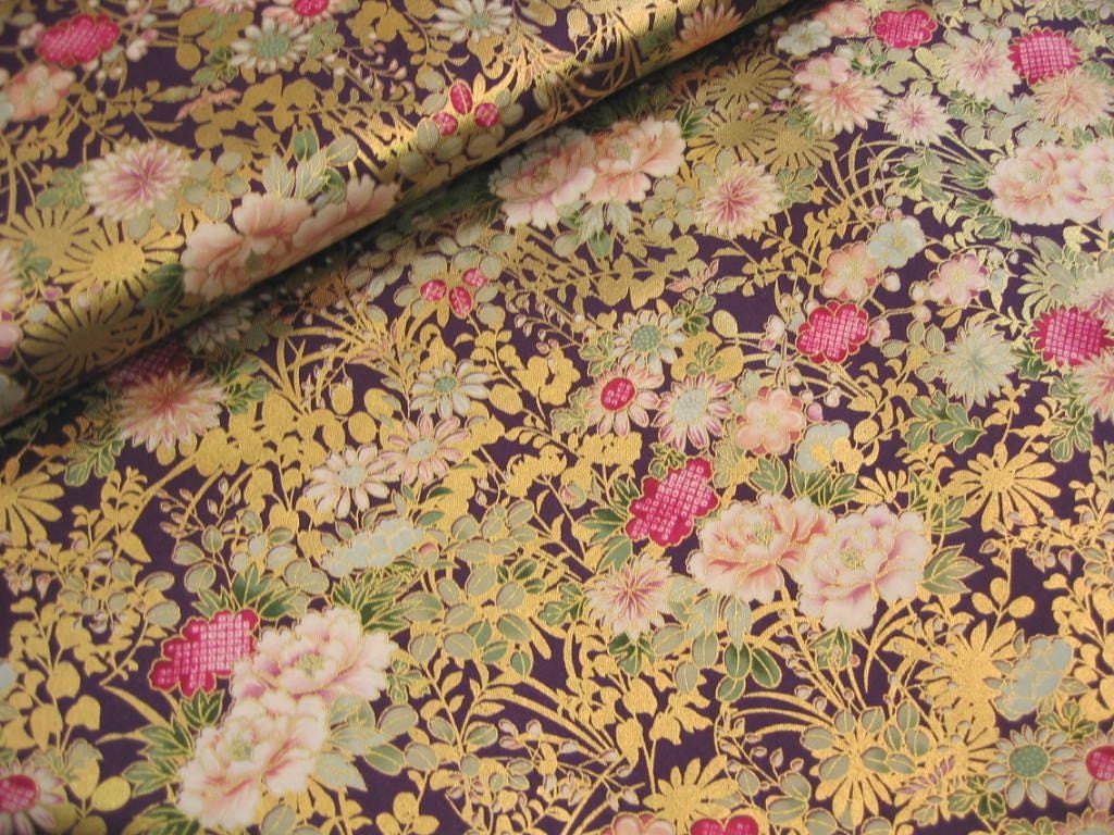 Japanese Cotton Print Fabric - Quilt Gate, Half Yard - Gorgeous Glitter Lame & Traditional Floral Pattern - Purple - NT138