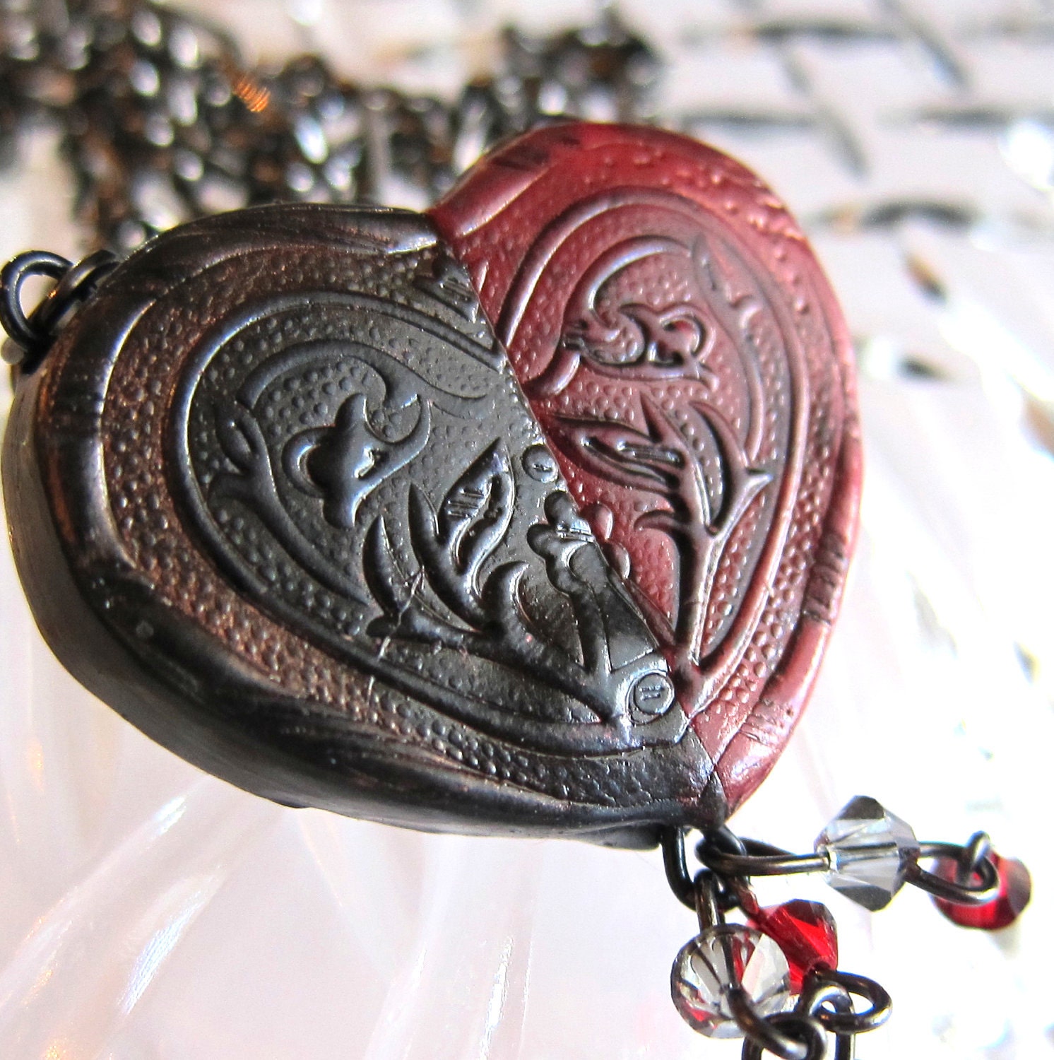 Victorian Gothic Heart Necklace in Red and Black
