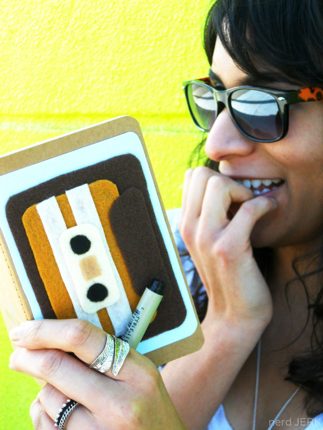 Felt Mix-Tape Journal - The Night Owl - Gold and Cream on Brown Eco-Felt embellished Moleskine notebook