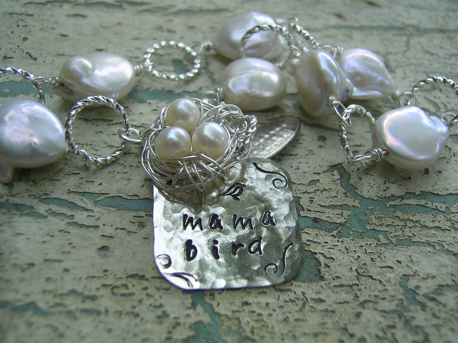 ON SALE Freshwater Coin Pearl Bracelet, Wire Wrapped Birds Nest,  Rustic Pearl, Mom Bracelet, Personalized
